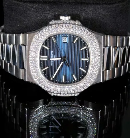 Cushion Sport Watch — Blue Striped Dial, Iced Bezel