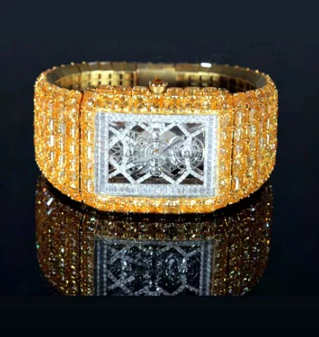 Fully Iced Rectangular Watch — Yellow Gold, Skeleton Dial