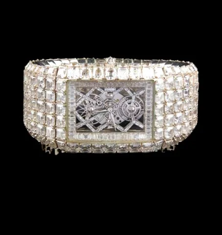 Fully Iced Rectangular Watch — Silver, Skeleton Dial