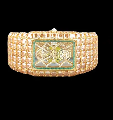 Fully Iced Rectangular Watch — Gold, Green-Trim Skeleton Dial